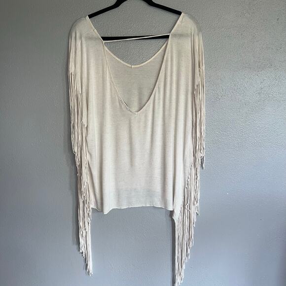 Boho Chic Soft Cream Sweet Claire Short Sleeve with Fringe Detail Size Medium - Picture 1 of 6